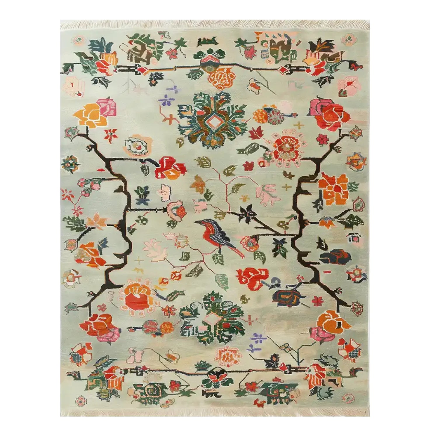 Elegant Modern Heirloom Knotted Wool Rug, perfect for large living rooms. This exquisite area rug showcases a vibrant floral and abstract design with rich colors, ideal for adding warmth and style to any area.