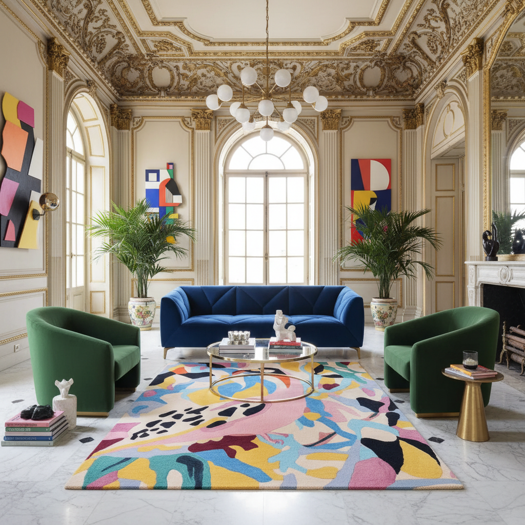 Luxurious living room with a blue sofa, green armchairs, and a colorful rug.