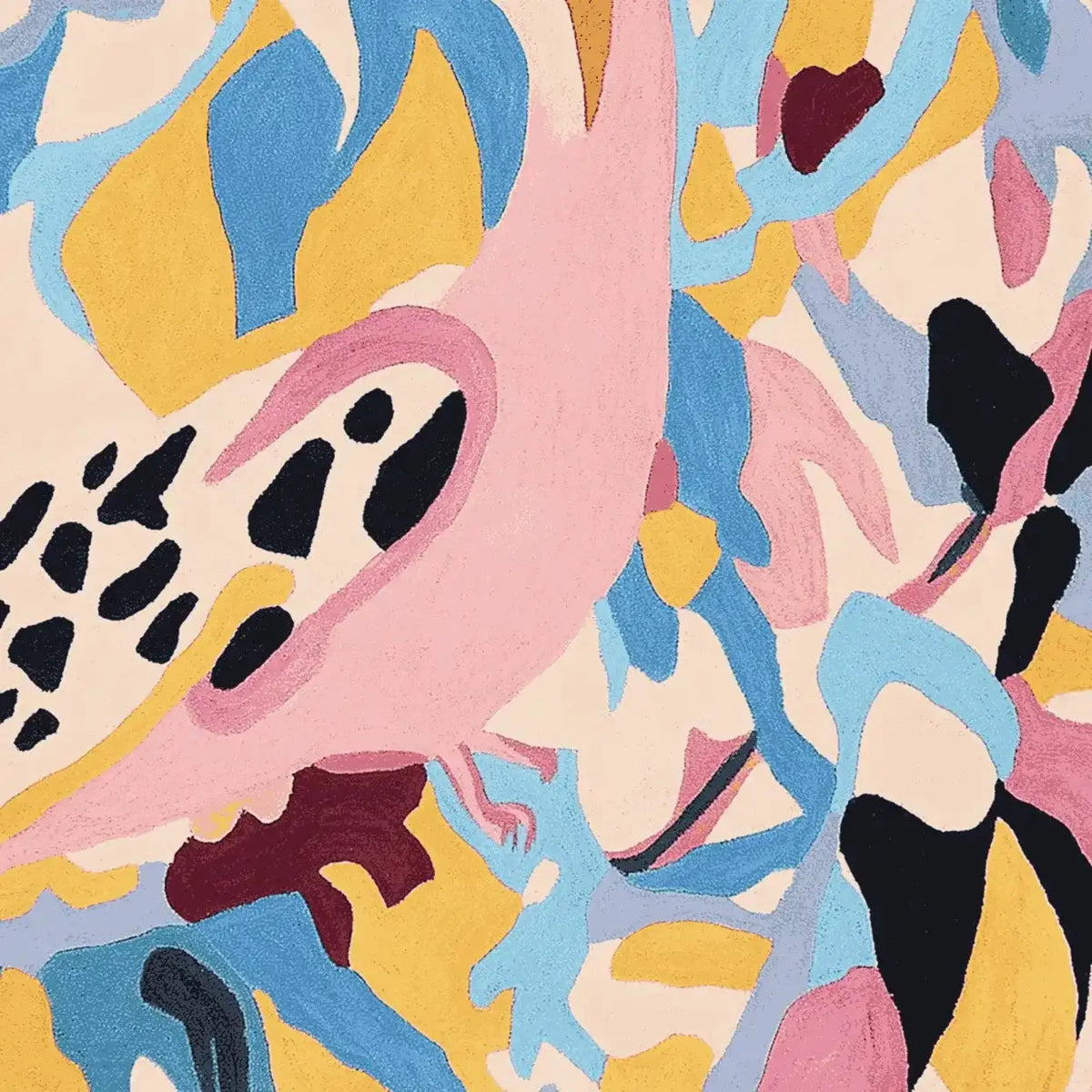 Vibrant and colorful Modern Jungle Mood hand-tufted area rug with abstract patterns in pink, blue, yellow, and black, perfect for enhancing living room decor. This contemporary wool rug adds a lively touch to any space, ideal for those seeking stylish rugs for living rooms.