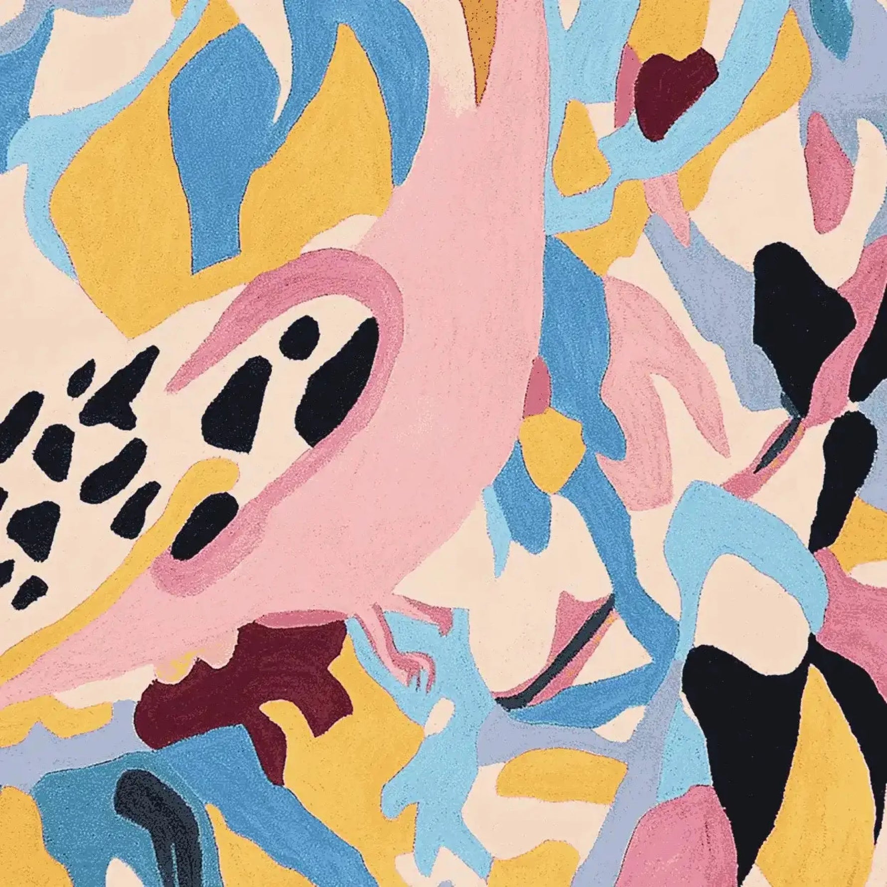 Vibrant and colorful Modern Jungle Mood hand-tufted area rug with abstract patterns in pink, blue, yellow, and black, perfect for enhancing living room decor. This contemporary wool rug adds a lively touch to any space, ideal for those seeking stylish rugs for living rooms.