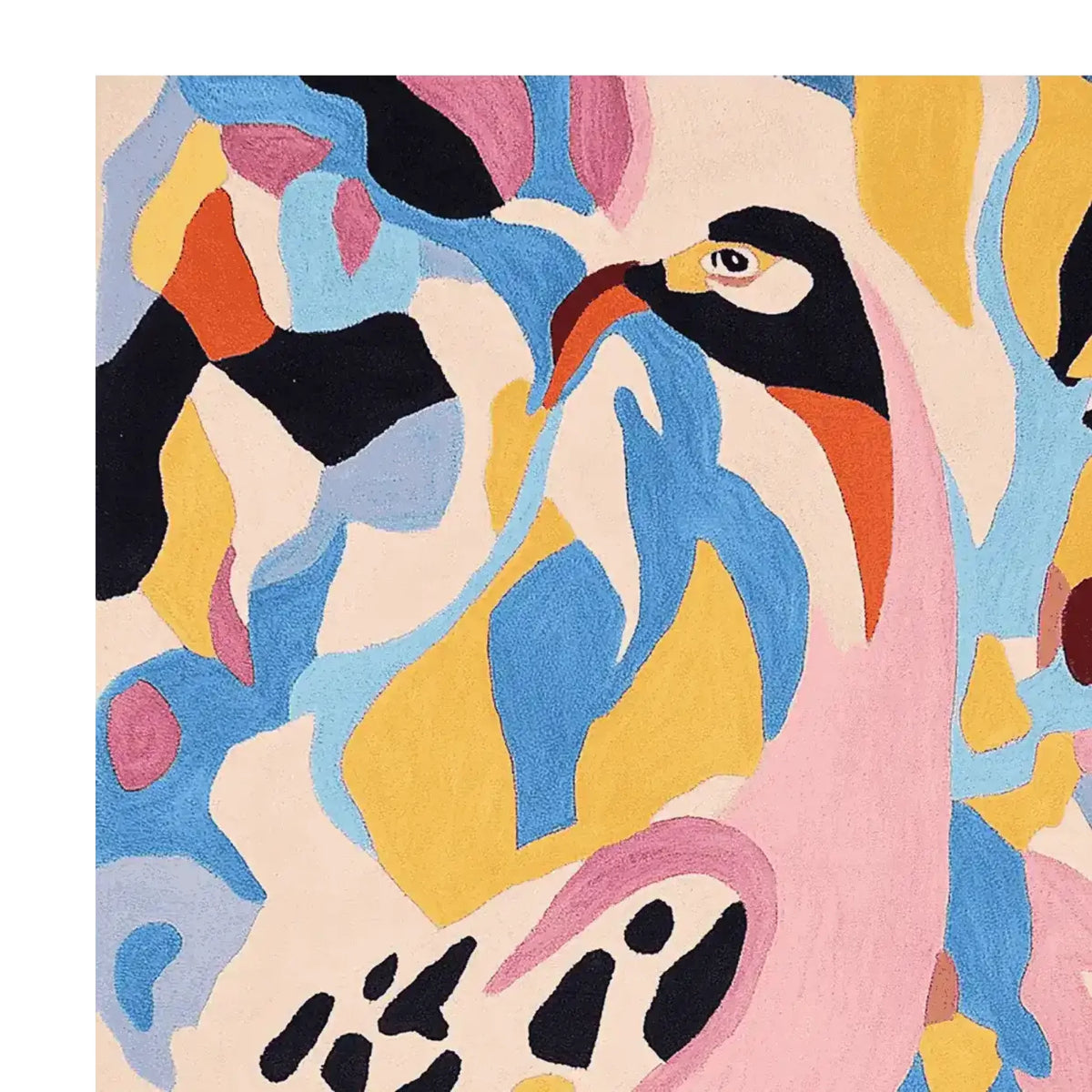 Vibrant and colorful abstract pattern on a hand-tufted wool rug, ideal for contemporary living room area rugs. The design, featuring a mix of blues, pinks, yellows, and blacks, adds a modern jungle mood to your space, making it a perfect choice for those seeking stylish rugs for living rooms.