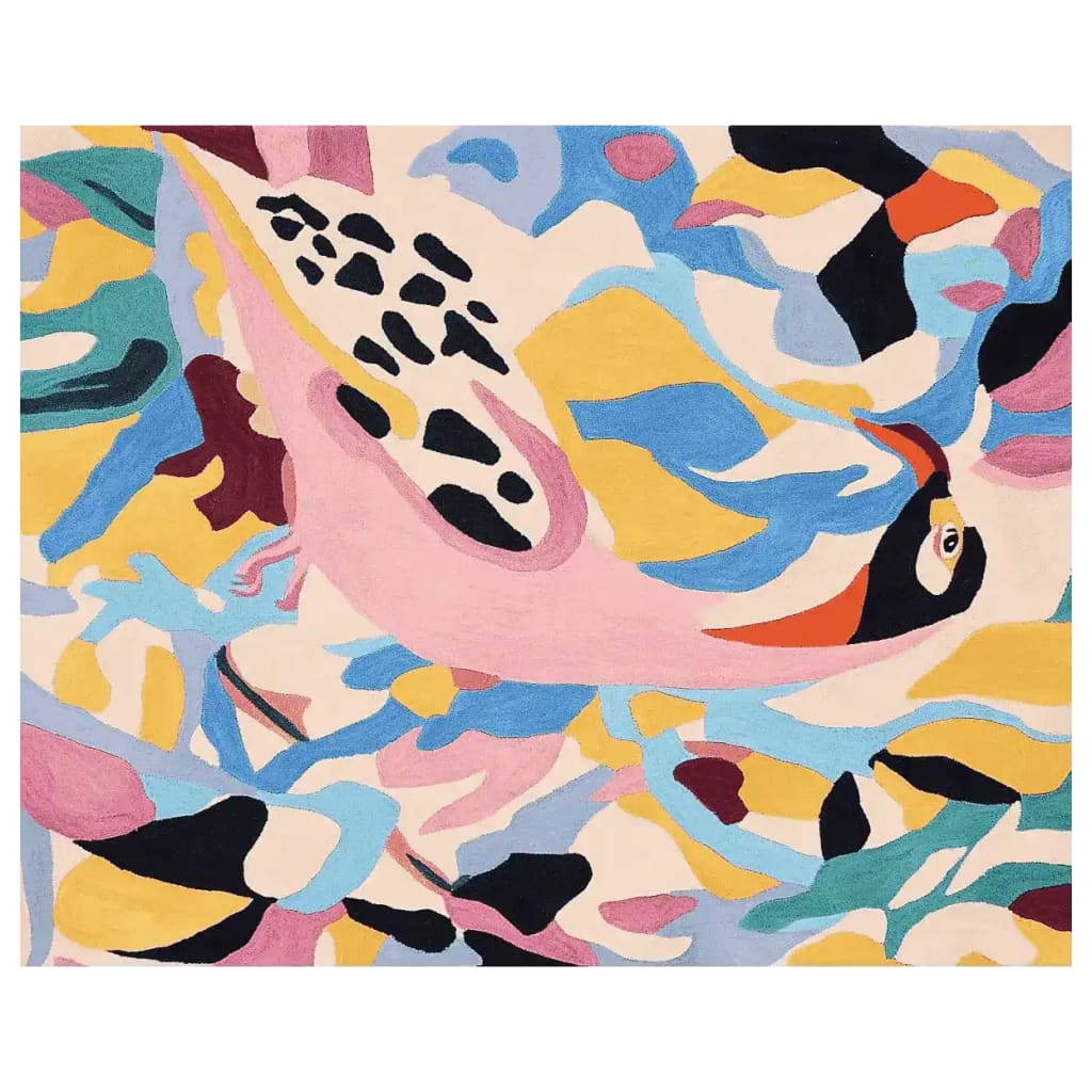 A vibrant, hand tufted area rug featuring an abstract design with bold colors, including pink, blue, yellow, and black. This contemporary wool rug is perfect for adding a splash of color to any living room, creating a modern jungle mood with its artistic patterns.