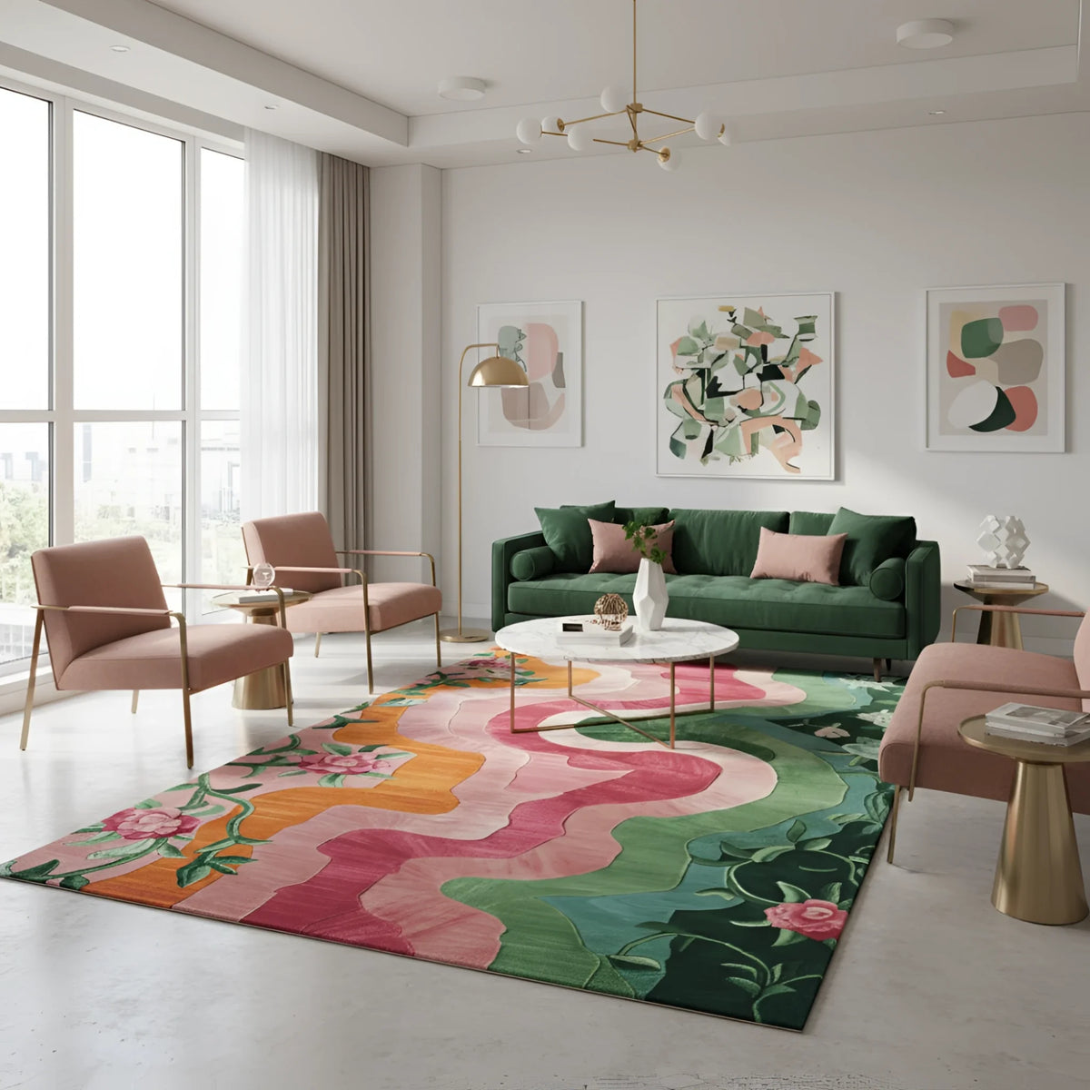 Modern living room with a colorful rug, green sofa, and abstract art on the walls.