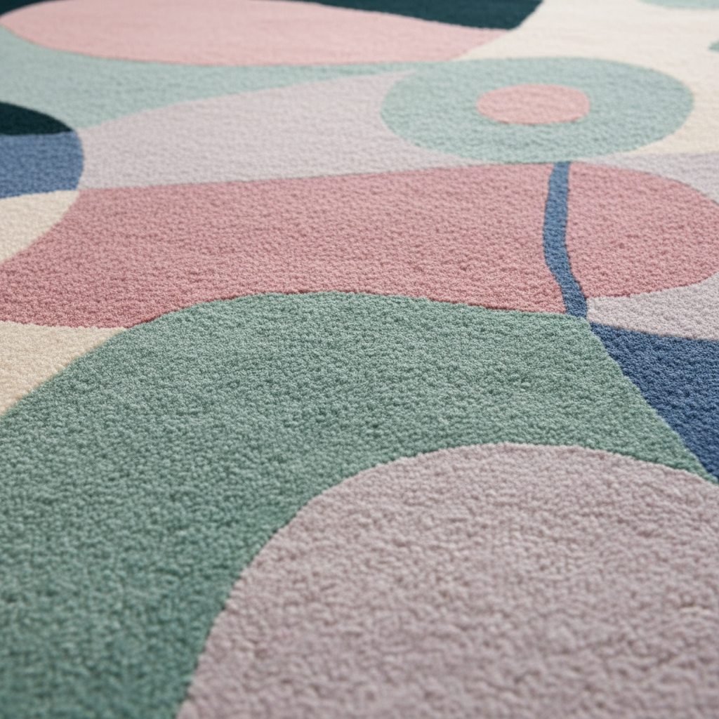 Close-up of a colorful geometric-patterned rug with circular shapes.