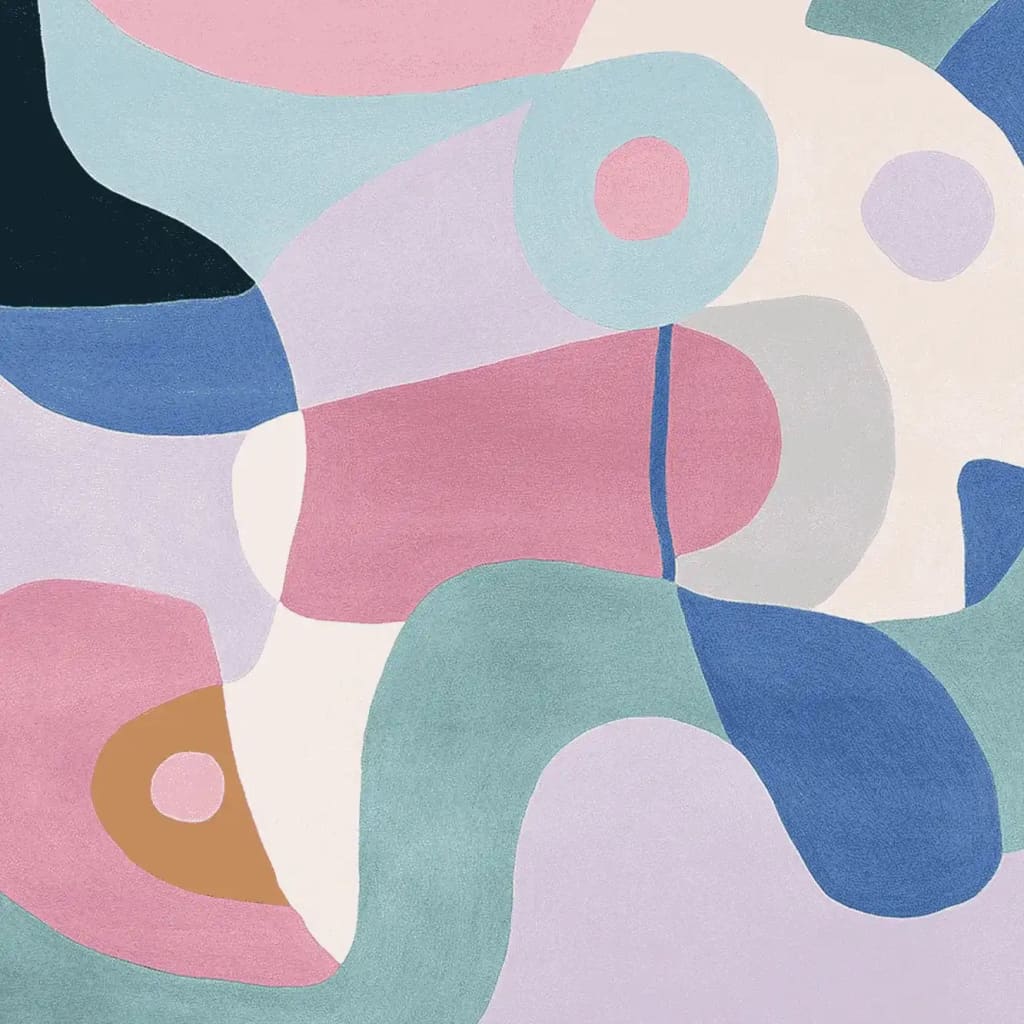 This vibrant area rug features an abstract design with bold colors like pink, blue, and green, creating a contemporary rug style. Made from high-quality wool, this large living room rug adds a modern touch to any space.