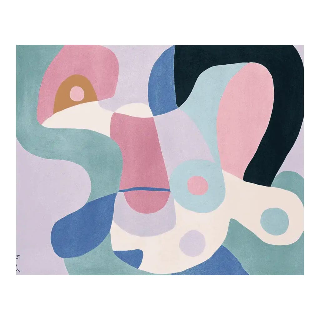 A vibrant area rug with an abstract design, showcasing a blend of pastel colors including pink, blue, and green. This contemporary wool rug is perfect for large living room spaces, adding a modern artistic touch.