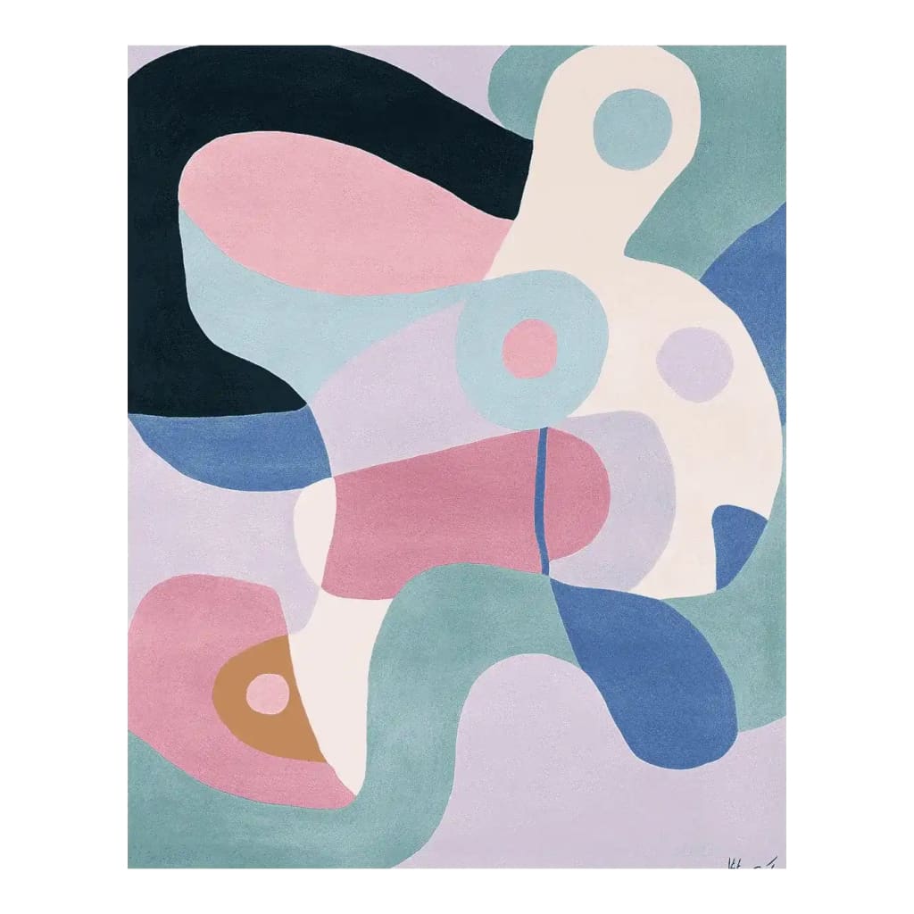 A vibrant Modern Meadow Dance Hand Tufted Area Rug featuring an abstract design with soft pastel colors, perfect for contemporary living rooms. This wool rug showcases a mix of pink, blue, green, and beige tones, ideal for adding a modern touch to large living room spaces.