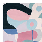 Top view of a Modern Meadow Dance Hand Tufted Area Rug featuring an abstract, colorful design with pastel shades of pink, blue, and black. This contemporary wool rug is perfect for large living room spaces, adding a modern artistic flair.