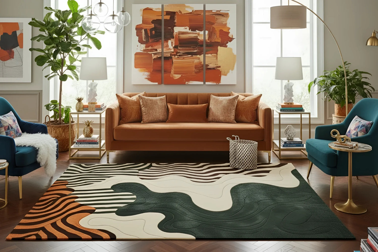 Living room with brown sofa, geometric wool rug, patterned rug, and abstract art on the wall.