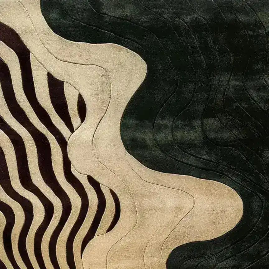 This striking area rug, titled 'Modern Mirage Tufted Wool Rug', showcases an abstract design with flowing lines and contrasting colors. Ideal for a dining room, this contemporary rug adds a stylish touch to any dining table setting. Made from high-quality wool, it's perfect for those seeking elegant dining room carpets.