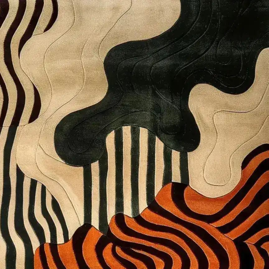 A contemporary area rug with a striking abstract design, featuring bold black, beige, and orange wavy patterns. This tufted wool rug is perfect as a dining table rug, adding a modern touch to any dining room setting.