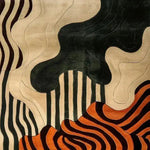 A contemporary area rug with a striking abstract design, featuring bold black, beige, and orange wavy patterns. This tufted wool rug is perfect as a dining table rug, adding a modern touch to any dining room setting.