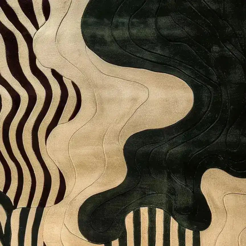 The Modern Mirage Tufted Wool Rug showcases a stunning abstract design with wavy patterns in black and beige. This contemporary area rug is perfect for a dining room, serving as an elegant dining table rug. The luxurious wool texture makes it an ideal choice for those seeking high-quality dining room carpets.