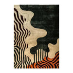 Top view of a Modern Mirage Tufted Wool Rug featuring an abstract design with swirling patterns in black, beige, and orange. Ideal as an area rug under a dining table, this contemporary rug enhances dining room aesthetics with its unique texture and style, making it a perfect choice for dining room carpets.