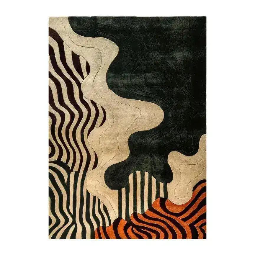 Top view of a Modern Mirage Tufted Wool Rug featuring an abstract design with swirling patterns in black, beige, and orange. Ideal as an area rug under a dining table, this contemporary rug enhances dining room aesthetics with its unique texture and style, making it a perfect choice for dining room carpets.