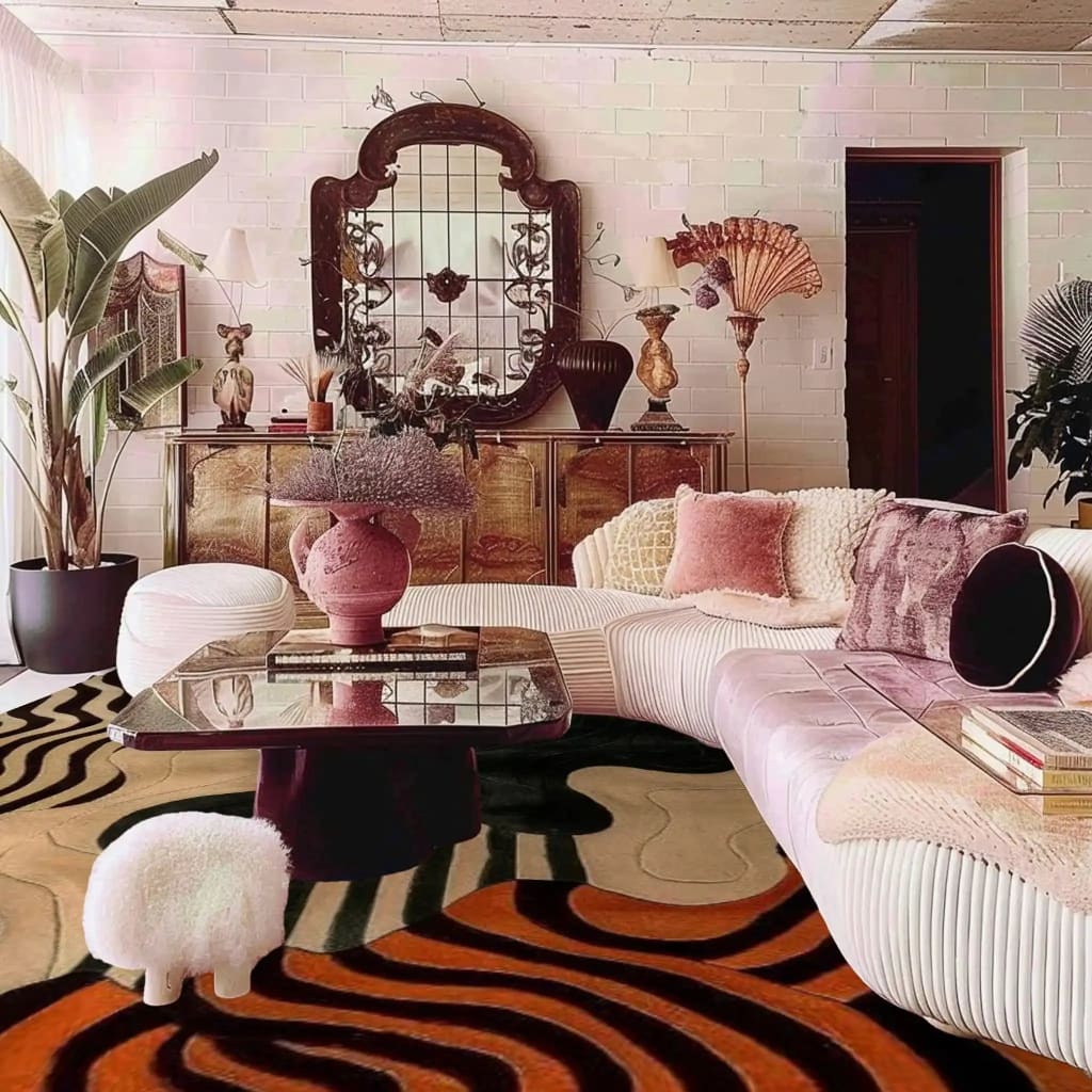 Living room with a patterned geometric vibrant wool rug, white sofa, and decorative mirror.