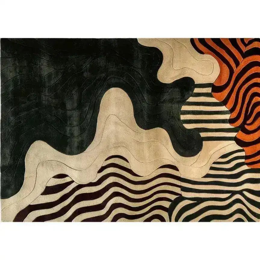 This Modern Mirage Tufted Wool Rug showcases a striking abstract design, perfect as an area rug for a dining room. With its bold, wavy patterns in black, orange, and cream, this contemporary rug adds a touch of elegance to dining room carpets, making it an ideal dining table rug.