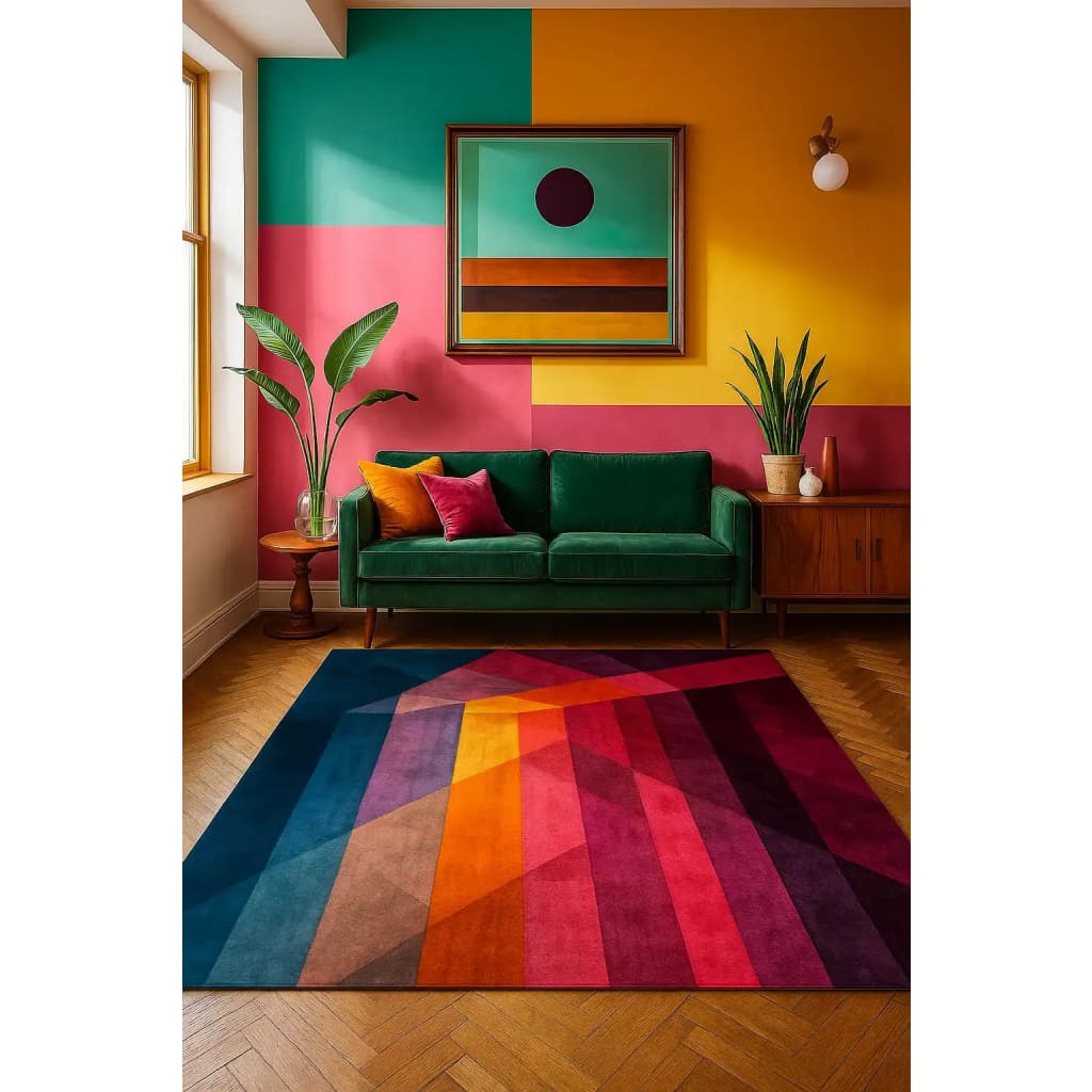 A vibrant, modern mosaic hand tufted wool rug in an 8x10 size, perfect for adding a splash of color to your living room or office space. The contemporary rug features bold geometric patterns in shades of red, orange, and blue, complementing the mid-century modern decor with a green sofa and colorful wall art.