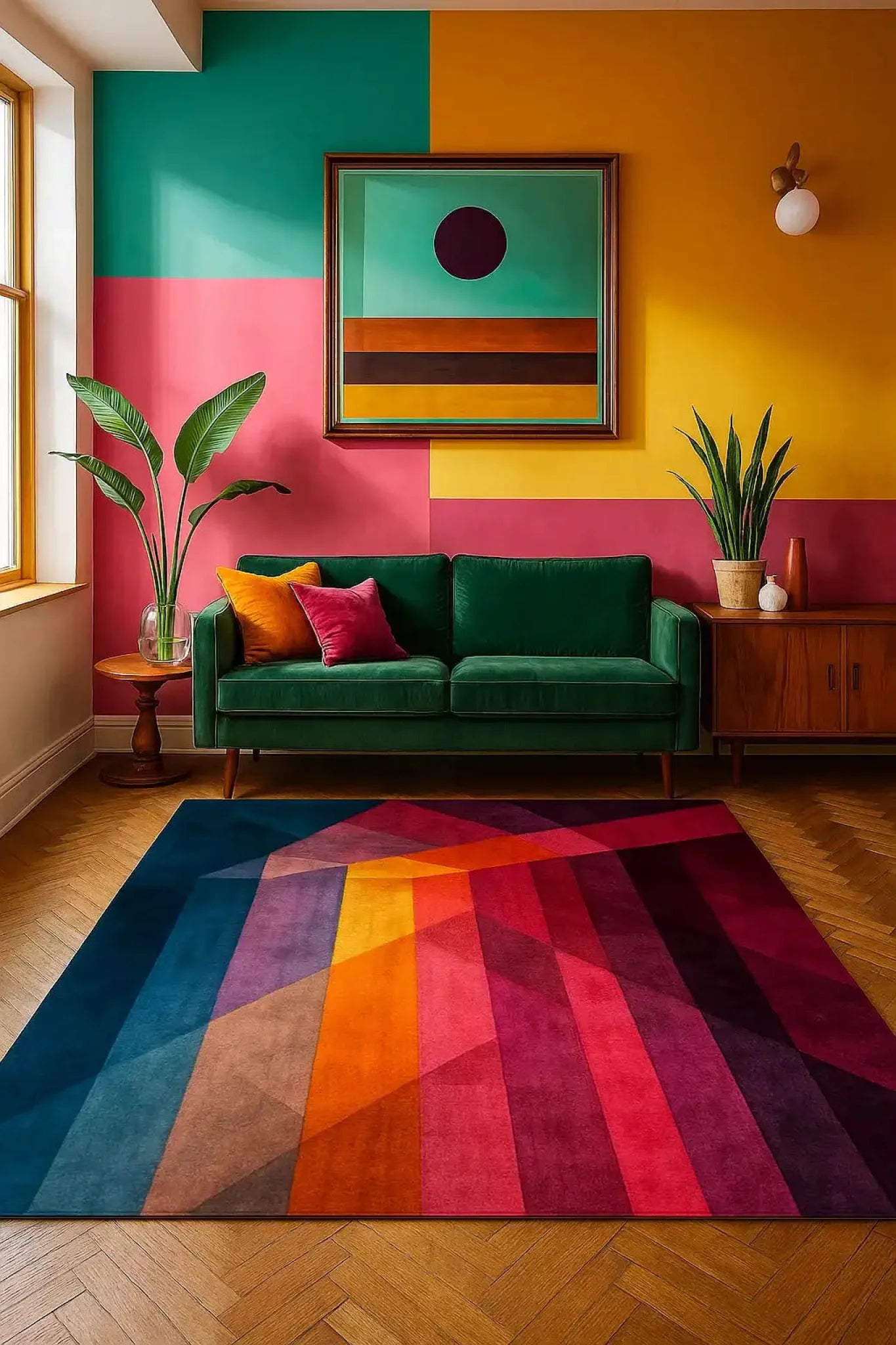 A vibrant, modern mosaic hand tufted wool rug in an 8x10 size, perfect for adding a splash of color to your living room or office space. The contemporary rug features bold geometric patterns in shades of red, orange, and blue, complementing the mid-century modern decor with a green sofa and colorful wall art.