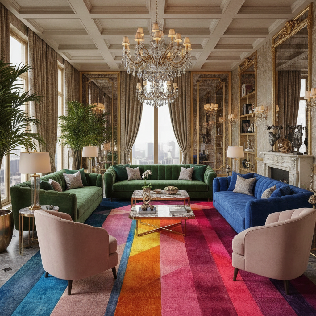 Modern Mosaic Hand Tufted Wool Rug in bold color-block bands of teal, navy, orange, and magenta in an opulent chandelier salon