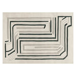 Top view of a Modern Motion Maze Hand Tufted Rug, showcasing an abstract geometric design in black and white. Perfect for adding a contemporary touch to your living room area rugs collection, this wool rug is ideal for large living room spaces.