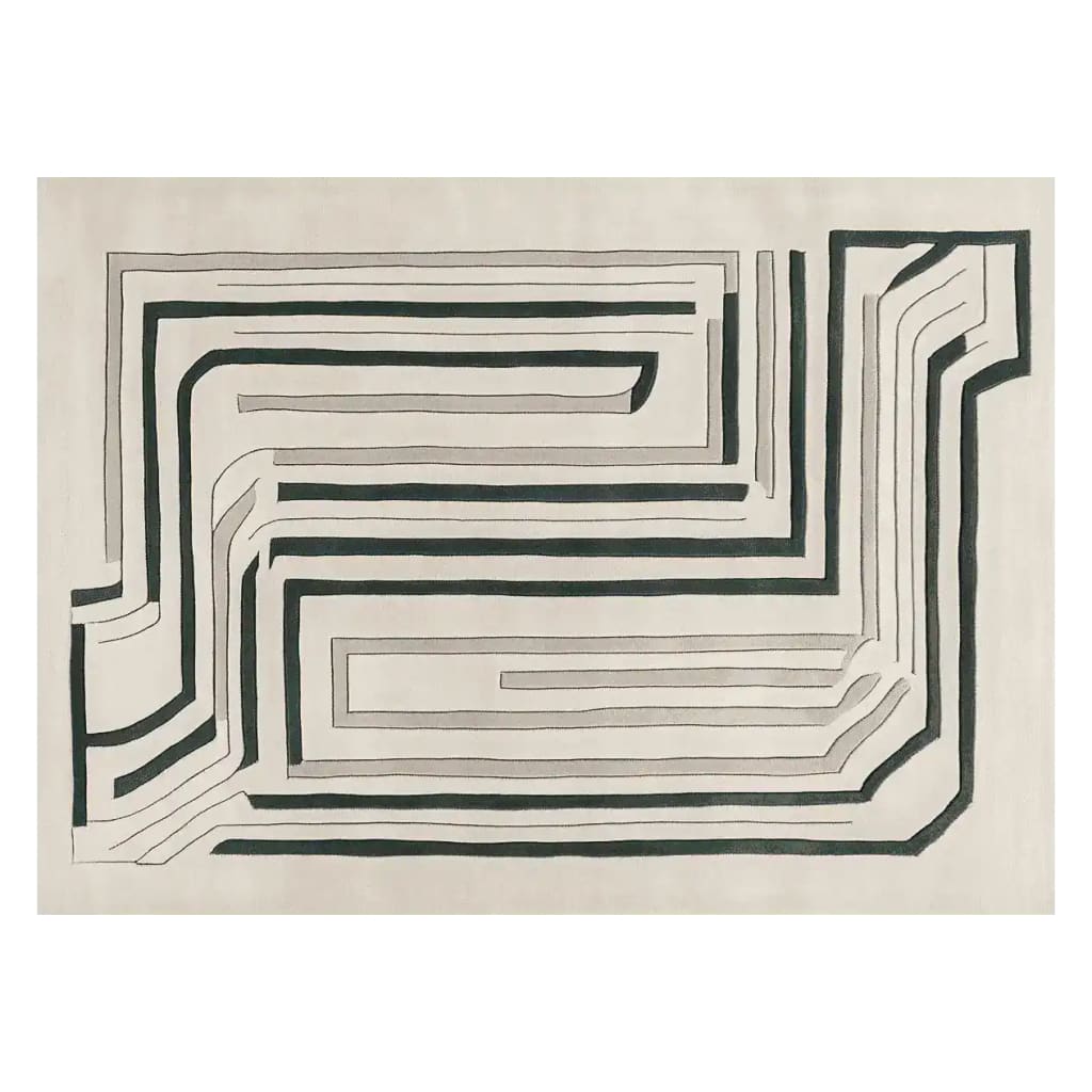 Top view of a Modern Motion Maze Hand Tufted Rug, showcasing an abstract geometric design in black and white. Perfect for adding a contemporary touch to your living room area rugs collection, this wool rug is ideal for large living room spaces.
