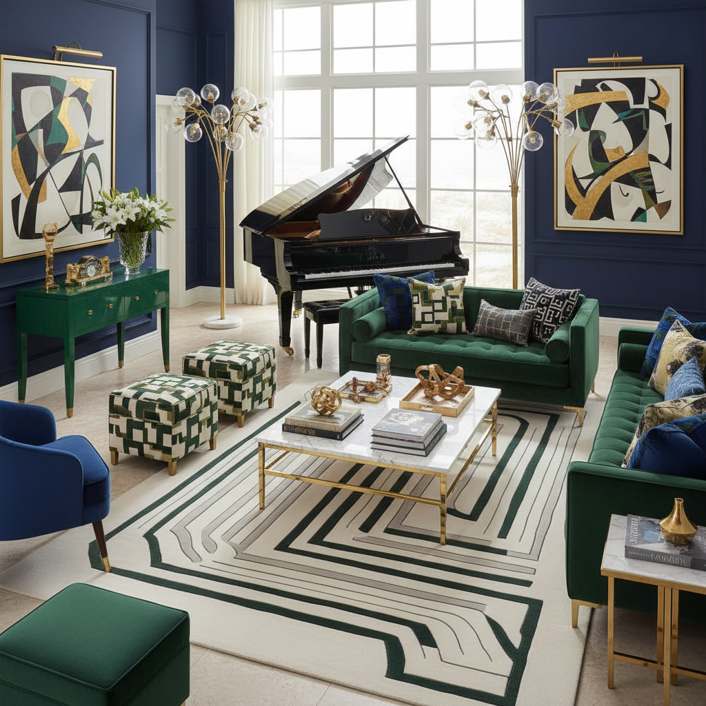 Luxurious living room with a grand piano, green sofas, a contemporary wool rug, and decorative elements.