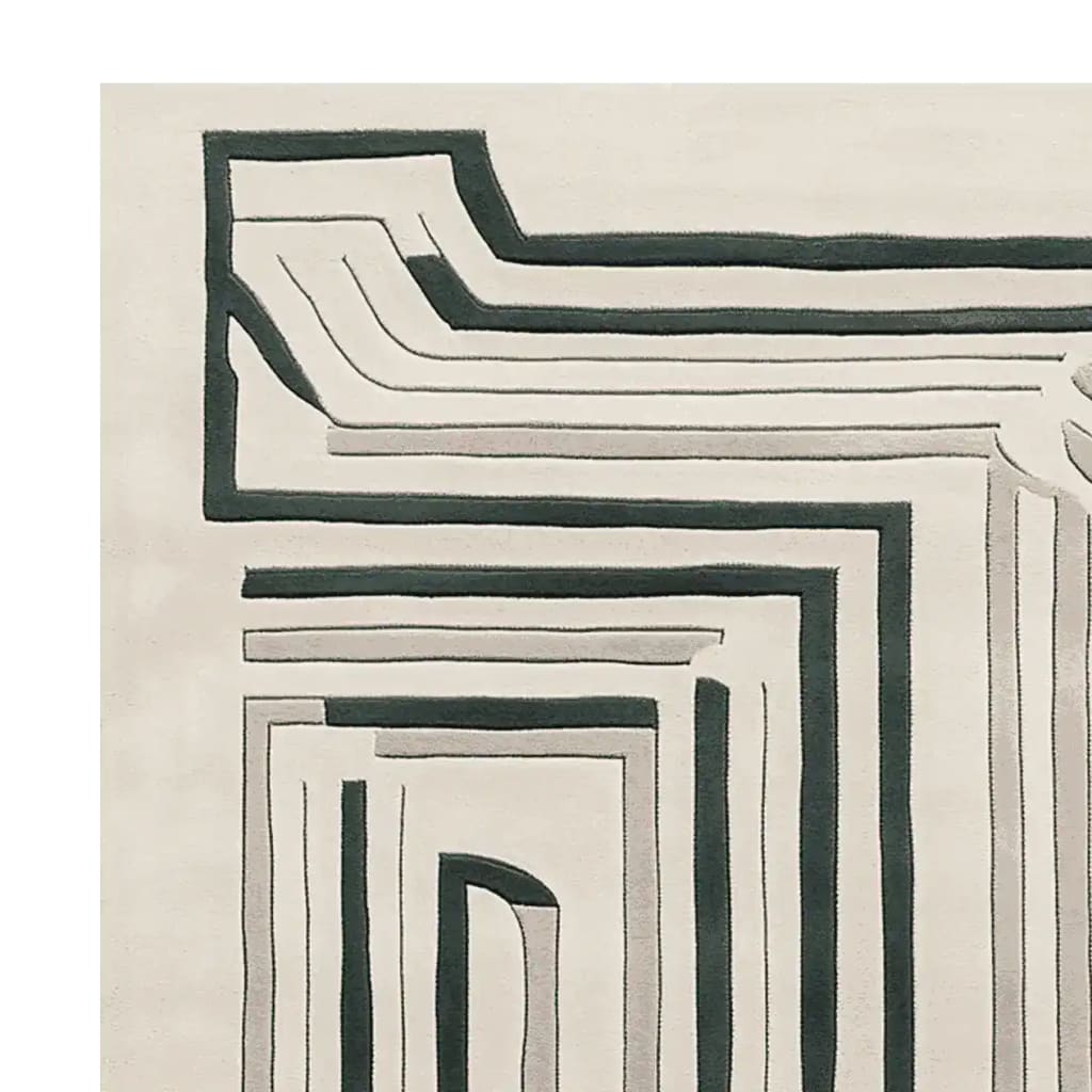 Close-up view of a Modern Motion Maze hand-tufted area rug, showcasing a contemporary design with bold, abstract lines in contrasting colors. Perfect for adding a stylish touch to large living rooms, this wool rug combines elegance with modern aesthetics.