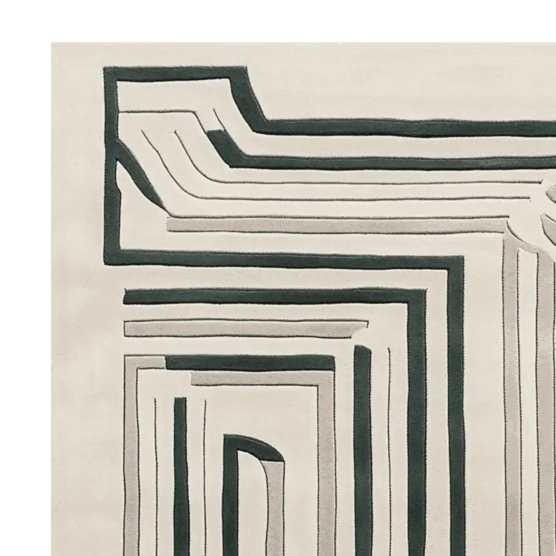 Close-up view of a Modern Motion Maze hand-tufted area rug, showcasing a contemporary design with bold, abstract lines in contrasting colors. Perfect for adding a stylish touch to large living rooms, this wool rug combines elegance with modern aesthetics.
