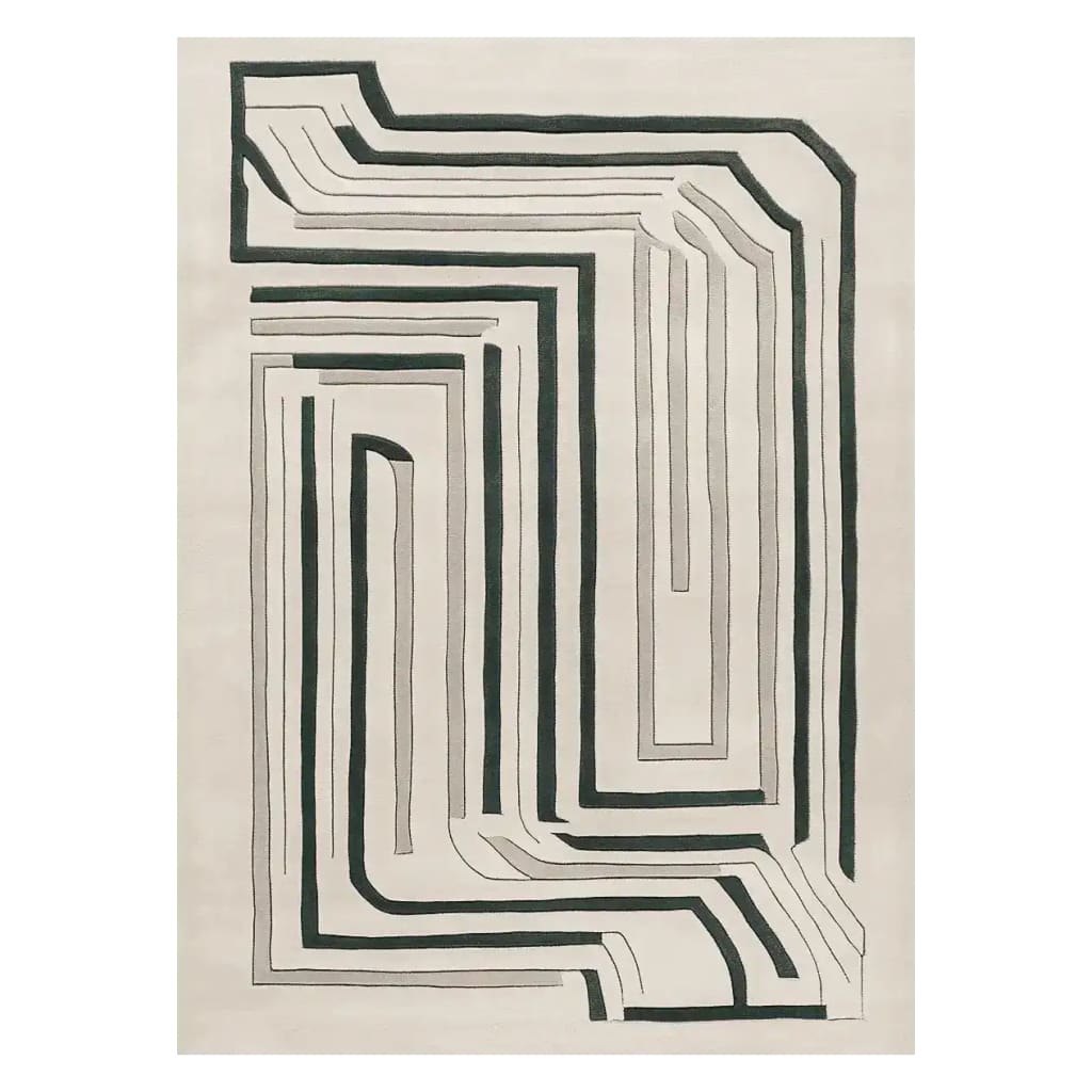 Top view of the Modern Motion Maze Hand Tufted Area Rug, showcasing a contemporary design with bold, abstract lines in contrasting dark and light shades. Perfect as a wool rug for large living rooms, this rug adds a stylish touch to any space.