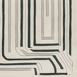 Top view of a Modern Motion Maze Hand Tufted Rug featuring an abstract pattern with black and grey lines on a cream background. This contemporary wool area rug is perfect for adding a stylish touch to large living room spaces, embodying elegance and sophistication.