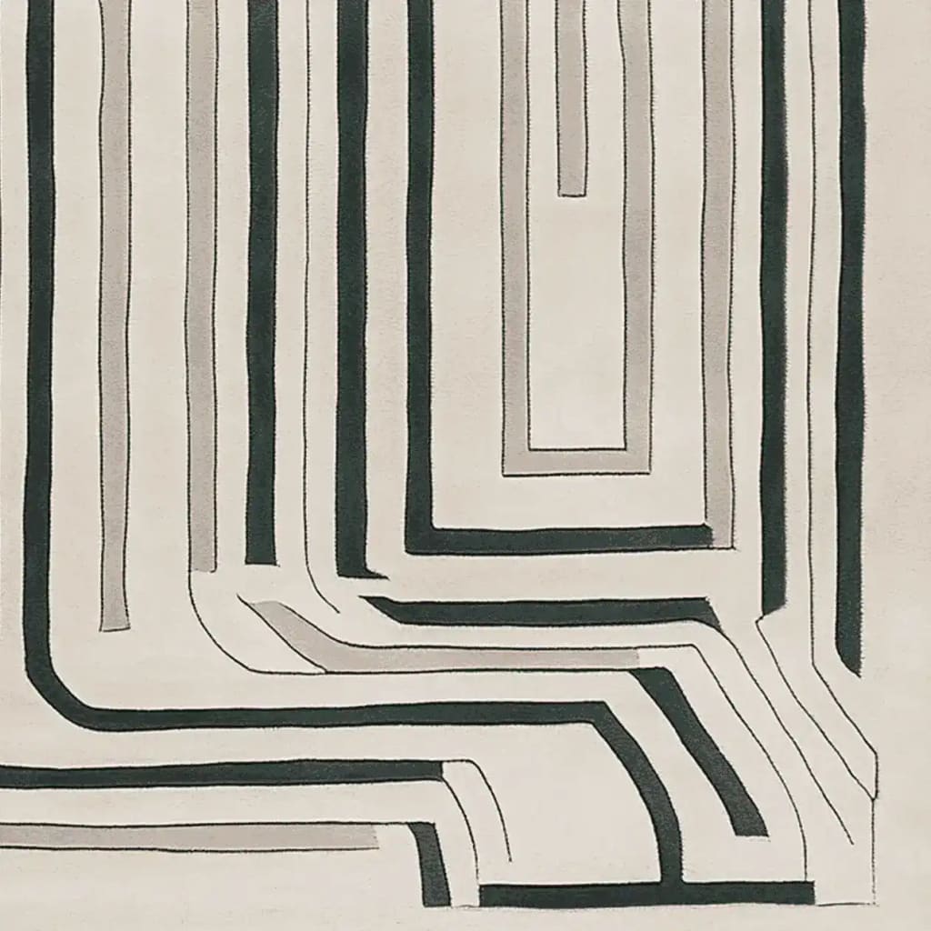 Top view of a Modern Motion Maze Hand Tufted Rug featuring an abstract pattern with black and grey lines on a cream background. This contemporary wool area rug is perfect for adding a stylish touch to large living room spaces, embodying elegance and sophistication.