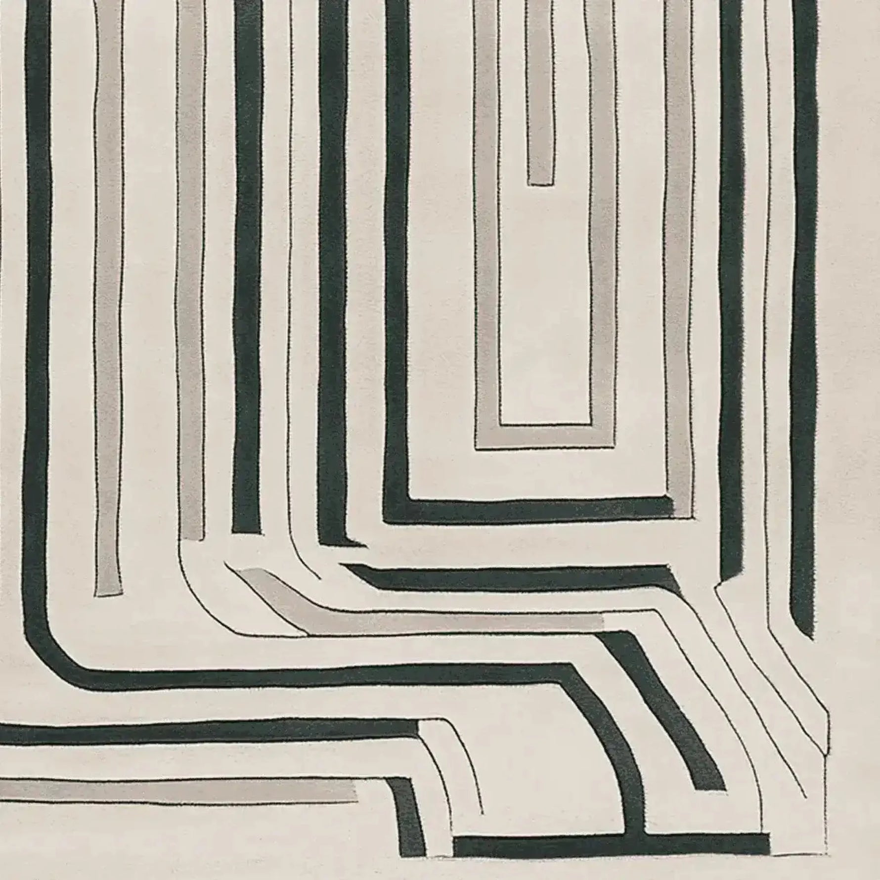 Top view of a Modern Motion Maze Hand Tufted Rug featuring an abstract pattern with black and grey lines on a cream background. This contemporary wool area rug is perfect for adding a stylish touch to large living room spaces, embodying elegance and sophistication.