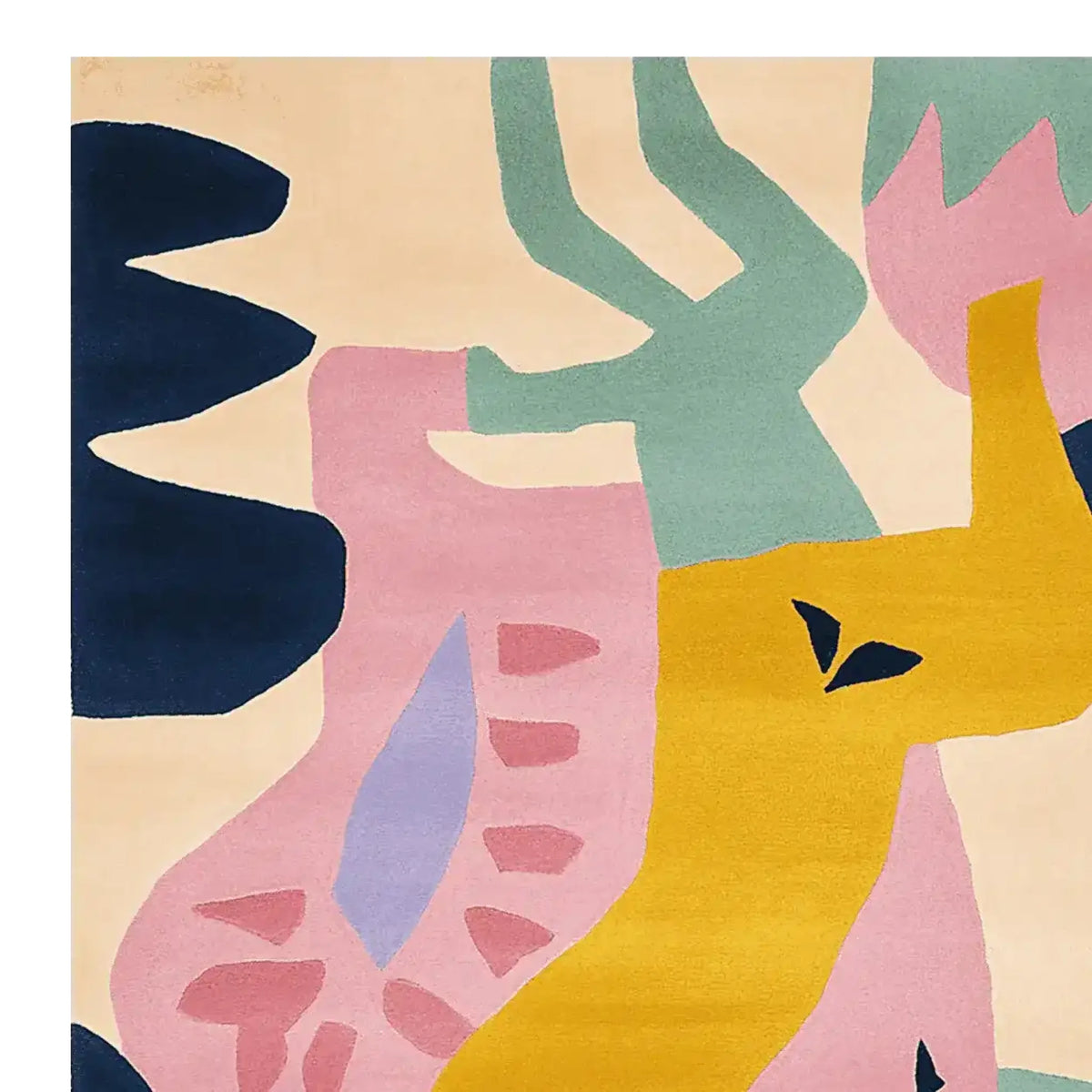 A Modern Organic Mosaic Hand Tufted Area Rug, showcasing an abstract design with vibrant colors like navy, green, pink, and yellow. Ideal for enhancing living room aesthetics, this contemporary wool rug is perfect for those seeking stylish living room area rugs, especially in an 8x10 size.