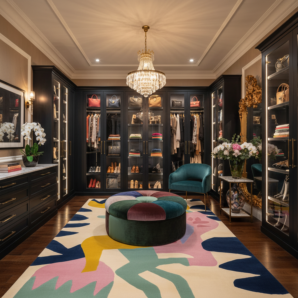 Luxurious closet with a colorful rug, ottoman, and decorative items.