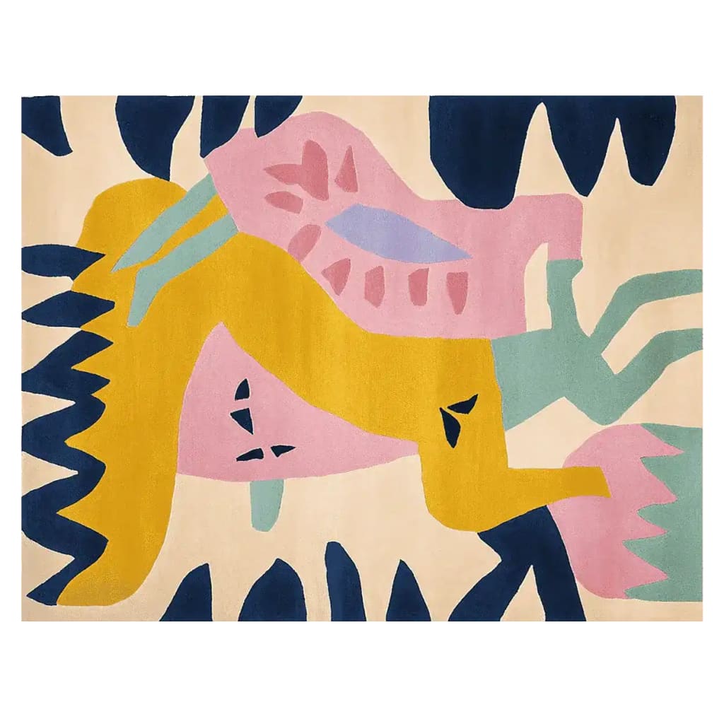 A vibrant, modern area rug featuring an abstract design with bold colors including mustard yellow, pink, and navy blue. This hand-tufted wool rug is ideal for adding a contemporary touch to living room area rugs. Perfect for those seeking a statement piece in their living room rugs, available in an 8x10 size.