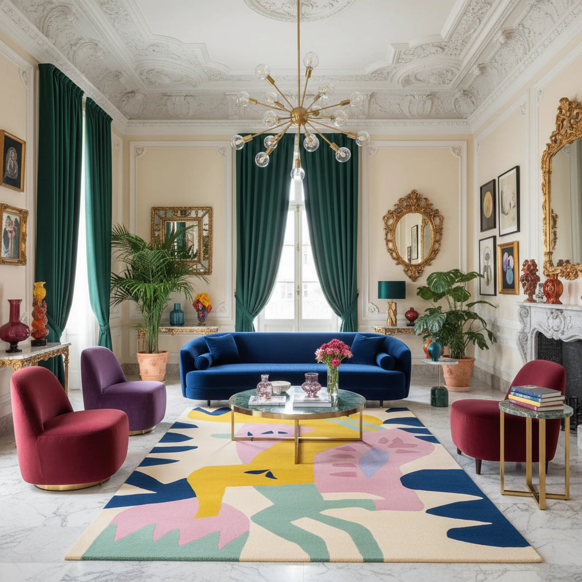 Luxurious living room with a blue sofa, colorful rug, and decorative elements.