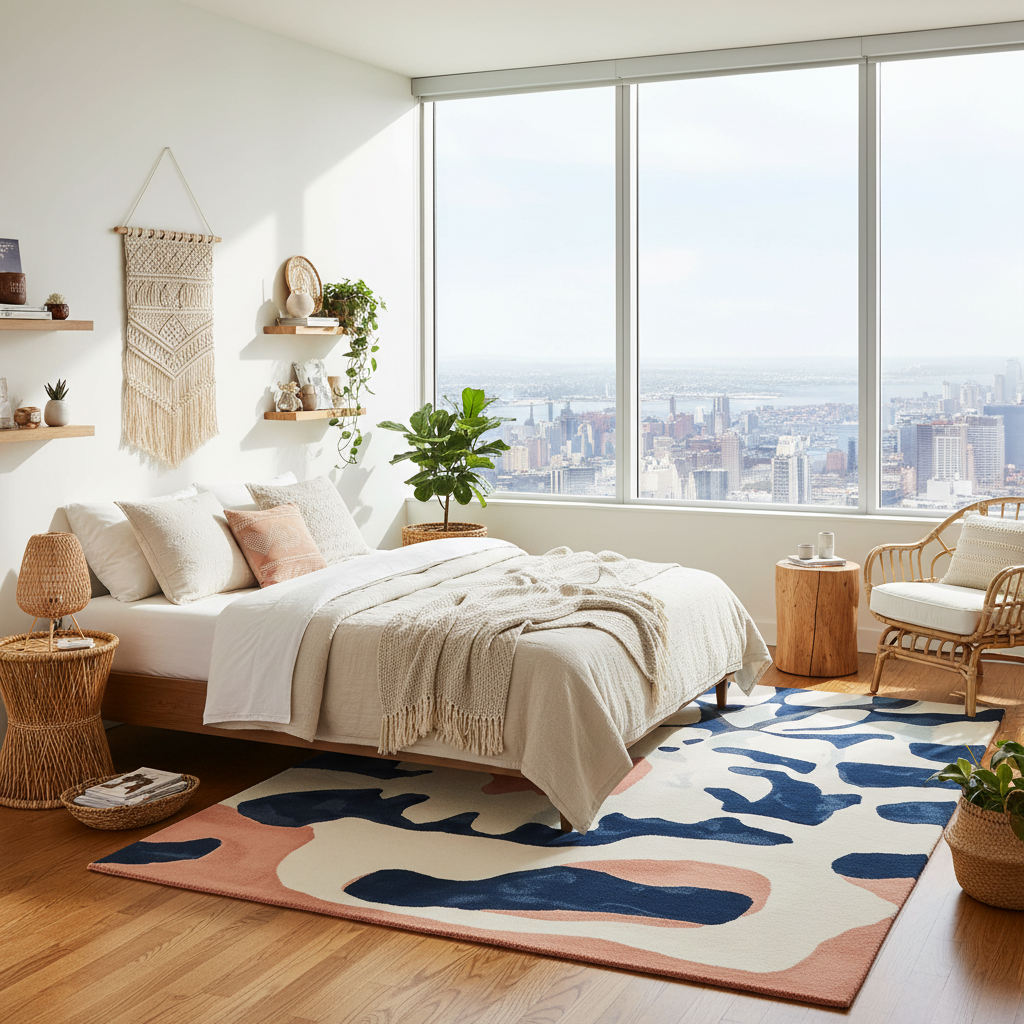 boho bedroom with a cityscape view, colorful rug, and wooden furniture.