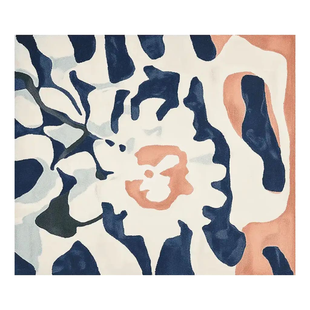 Top view of a Modern Pattern Pulse Hand Tufted Rug, showcasing an abstract design with navy, peach, and cream tones. This area rug serves as a beautiful contemporary rug, perfect for large living room spaces. Made from high-quality wool, it adds a touch of elegance to any area rugs for living room collection.
