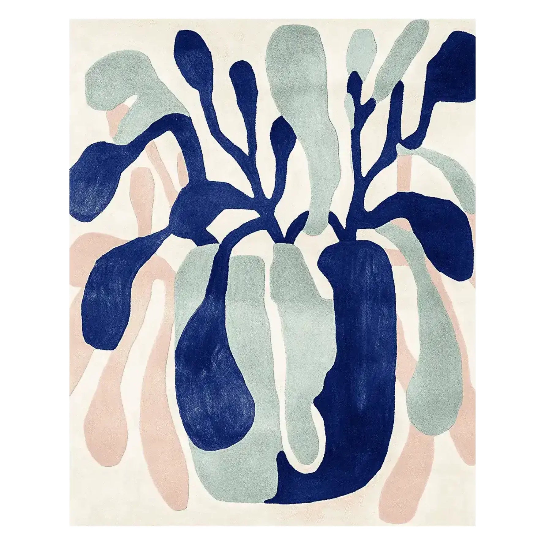 Abstract rug with blue, green, and pink shapes on a natural background