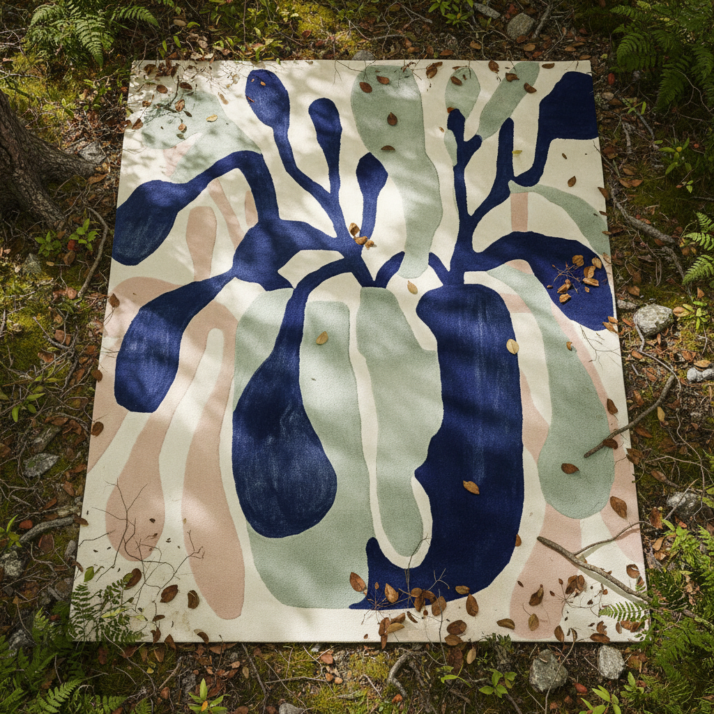 Abstract rug with blue, green, and pink shapes on a natural background