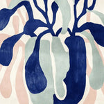 A modern plant bloom hand-tufted area rug featuring an abstract design with flowing shapes in shades of blue, green, and peach. This contemporary wool rug is perfect for adding a touch of elegance to any living room space.