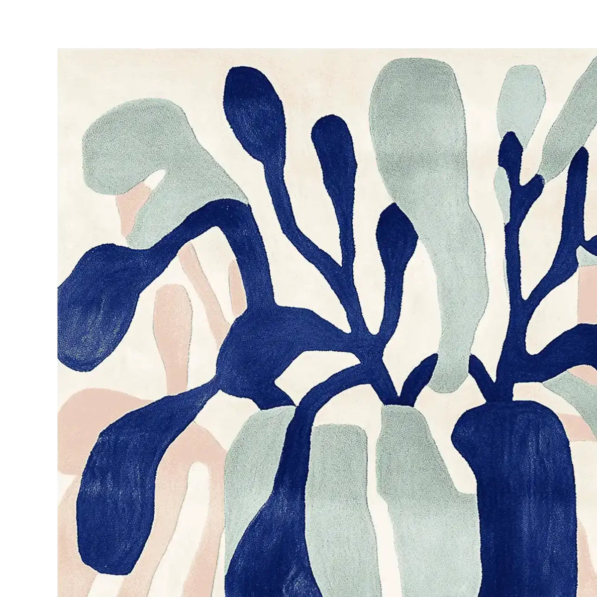 A modern plant bloom hand tufted area rug featuring an abstract design with bold blue and soft pastel colors, ideal for adding a contemporary touch to living rooms. This wool rug showcases a unique pattern perfect for those seeking stylish area rugs for living rooms.