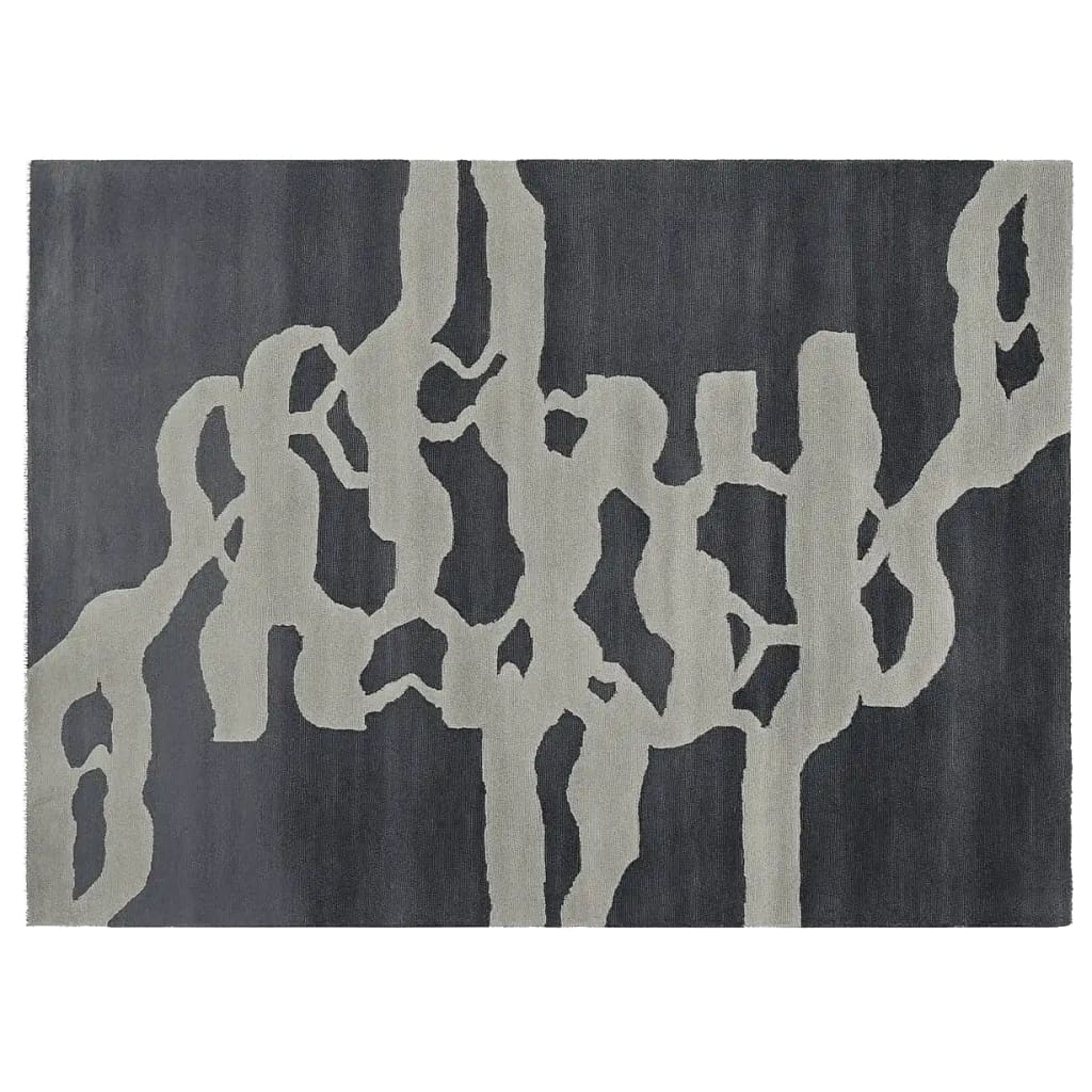 This image showcases the Modern Psyche Flow Hand Tufted Rug, a contemporary area rug featuring an abstract design. The wool rug displays intricate patterns in subtle grey tones, perfect for adding a modern touch to living room area rugs. Ideal for those seeking stylish area rugs for their living room.