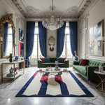 Luxurious living room with green sofas, an abstract wool rug,  a chandelier, and decorative elements.