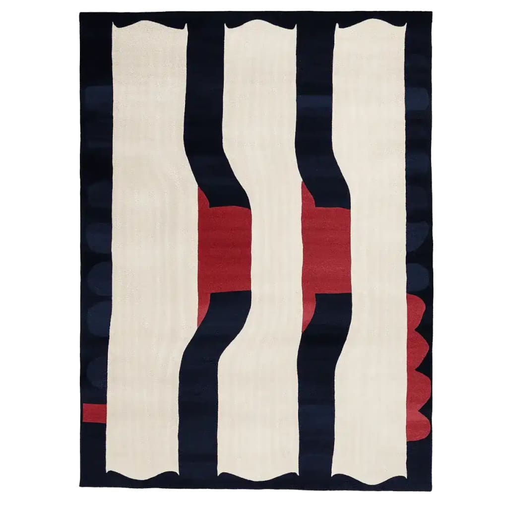 Top view of a Modern Shape Voltage Hand Tufted Area Rug featuring bold navy, cream, and red abstract patterns, perfect for adding a touch of contemporary style to large living rooms. This wool rug measures 8x10, making it an ideal choice for those seeking a statement piece in living room rugs.