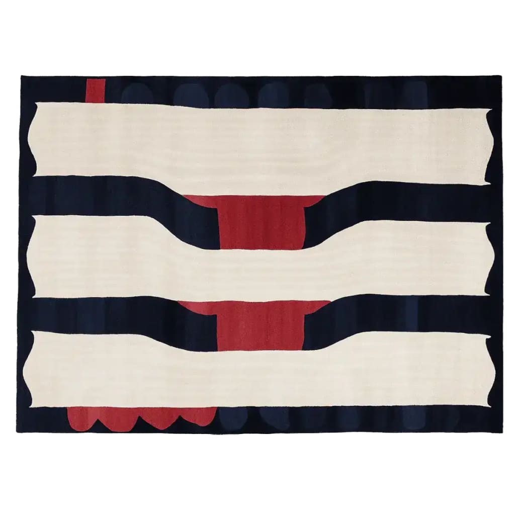 Top view of a modern, hand-tufted area rug featuring bold geometric patterns in navy, cream, and red. This contemporary wool rug is perfect for large living rooms, measuring 8x10, and adds a stylish touch to any space.