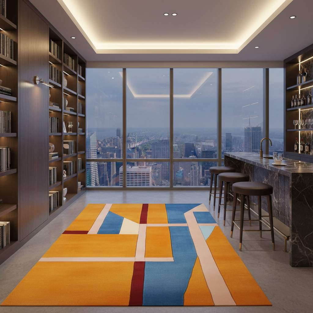 Modern interior with a geometric rug, bookshelves, and a cityscape view.