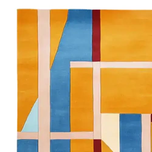 A vibrant area rug featuring a modern sunset grid design with bold geometric patterns in shades of orange, blue, and red. This contemporary wool rug is perfect for adding a splash of color to your living room. Ideal as an 8x10 living room rug.