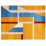 Top view of a Modern Sunset Grid Hand Tufted Area Rug featuring a bold geometric design in vibrant shades of blue, orange, and red. This contemporary wool rug is perfect for adding a stylish touch to living rooms, especially in the popular 8x10 size. Ideal for those seeking unique rugs for living room decor.